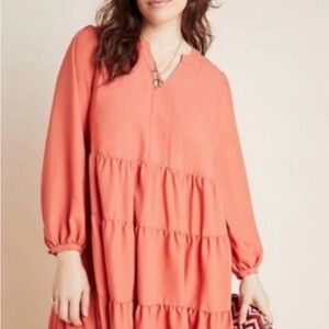 Maeve by Anthropologie Amber Tiered Tunic Dress Sz 2X Coral Long Sleeve Peach